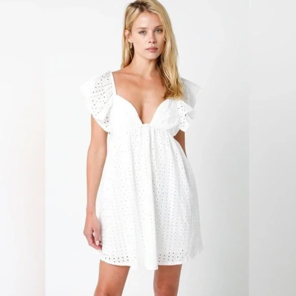 Olivaceous Dresses | Revolve Olivaceous Ramona White Eyelet V Neck Babydoll Mini Dress New | Color: White | Size: M | Pm-83132681'S Closet